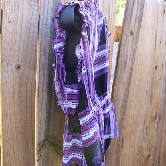 Paper Tee Purple Plaid Ruffle Blouse Sleeveless Sheer Top XL - Picture 5 of 5